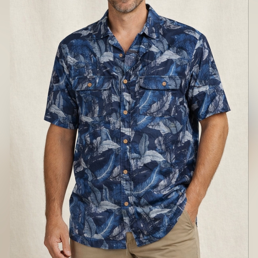 Duluth Trading Co Hawaiian Mens Blue Leaf Shirt Sz Large Vacation Cruise Beach